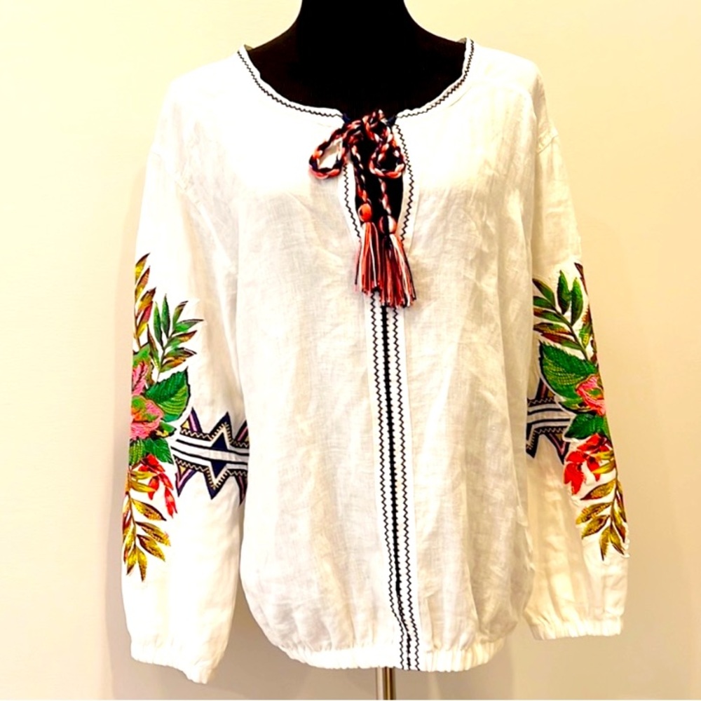 Agua Bendita Linen Embroidered Peasant Blouse with Multicolor Floral Sleeve